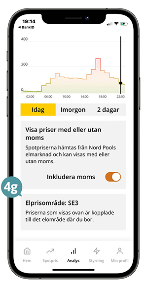 Skärmbild av appens spotprisvy