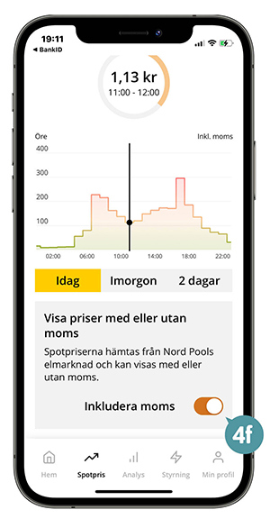 Skärmbild av appens spotprisvy